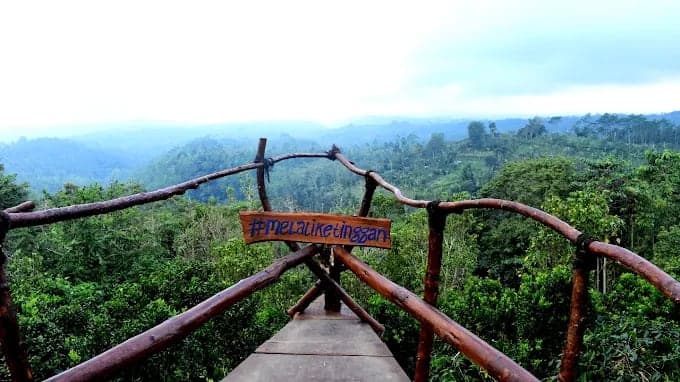 Gardu pandang kayu di Desa Wisata Pucak Tinggan menghadap perbukitan dan perkebunan Pelaga