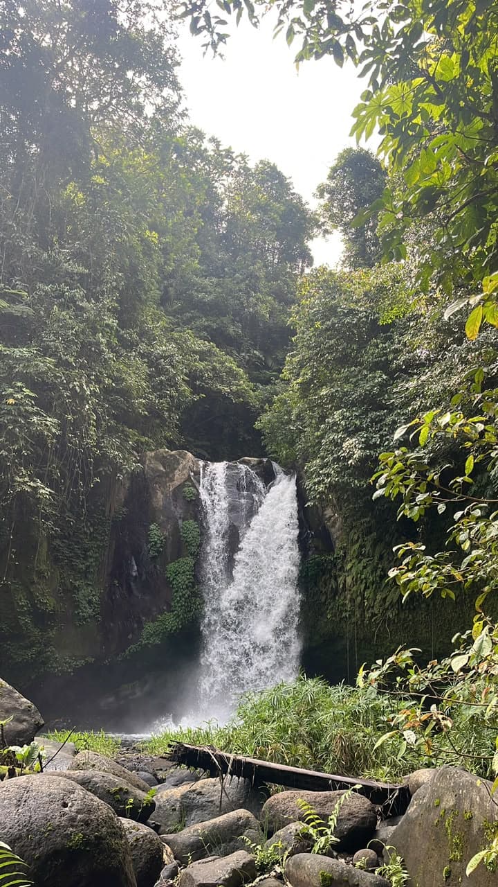 Pengunjung menikmati Air Terjun Tukad Bangkung yang mengalir di antara tebing berhutan lebat Banjar Bukian